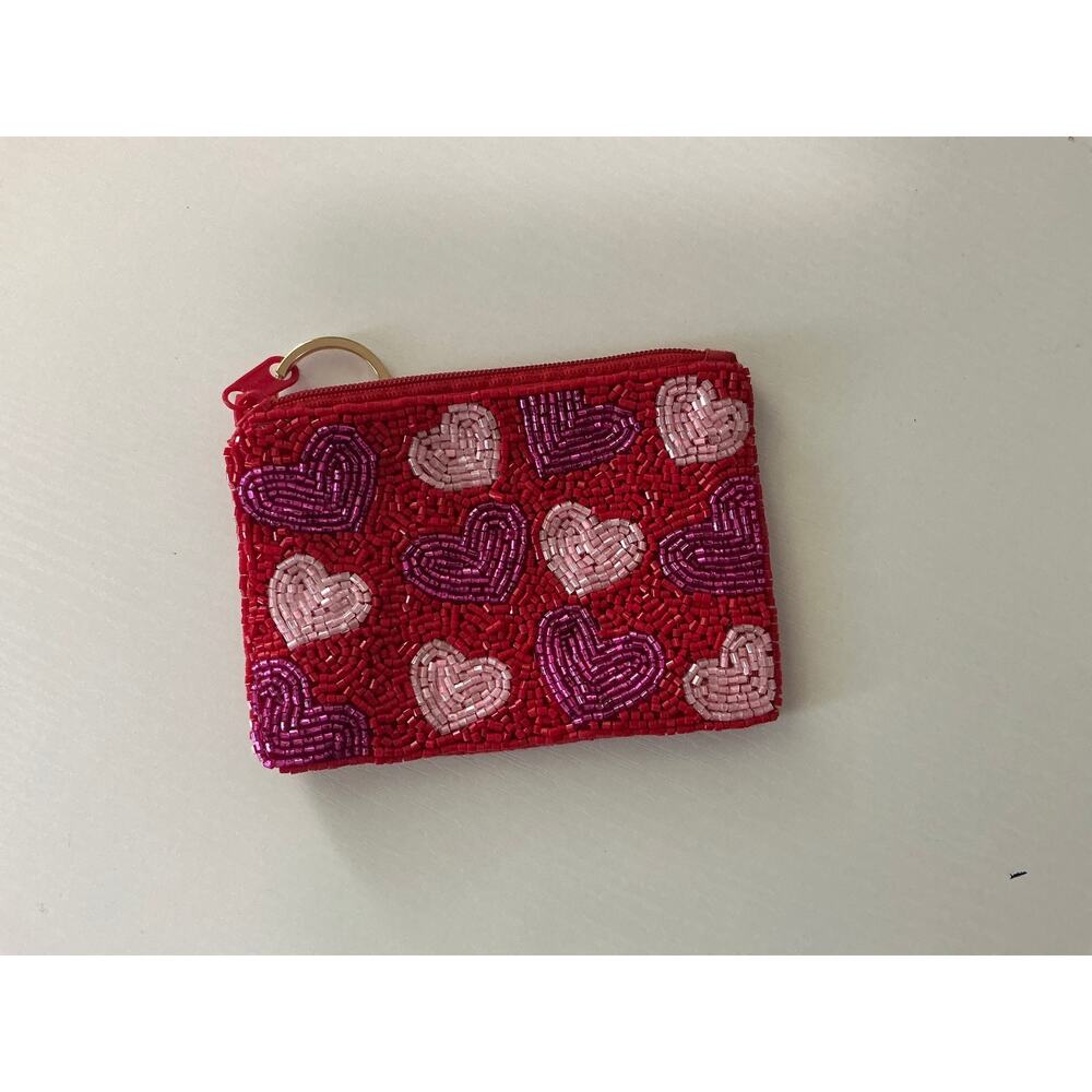 Red Pink Sequined Beaded Heart Zip-Top Mini Card Wallet Pouch
